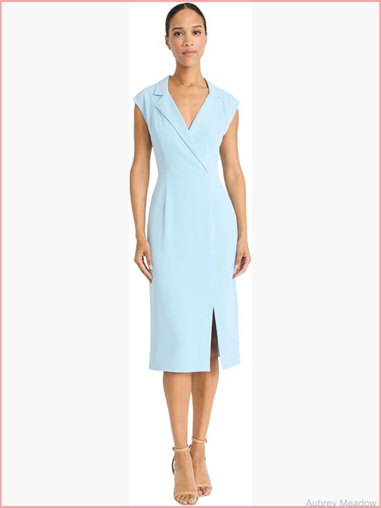 Women's Tailored Wrap Midi Dress Deep V-Neck Sleeveless Professional Wear